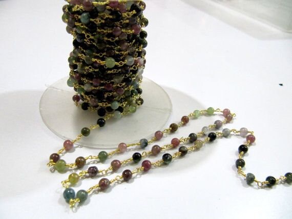 Natural Multi tourmaline Round Plain Smooth 4mm Beaded Rosary Wire Wrapped Chain Wholesale Prices Jewelry gemstone chain Sold per Foot