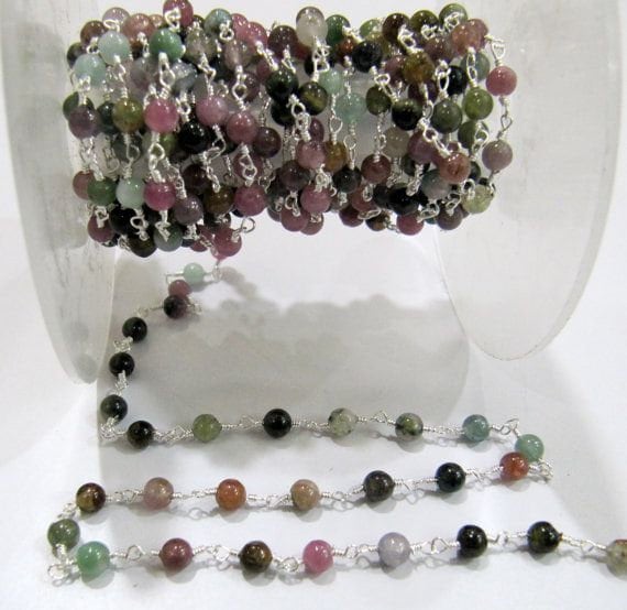 Natural Multi tourmaline Round Plain Smooth 4mm Beaded Rosary Wire Wrapped Chain Wholesale Prices Jewelry gemstone chain Sold per Foot