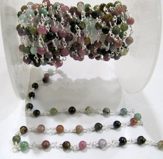 Natural Multi tourmaline Round Plain Smooth 4mm Beaded Rosary Wire Wrapped Chain Wholesale Prices Jewelry gemstone chain Sold per Foot