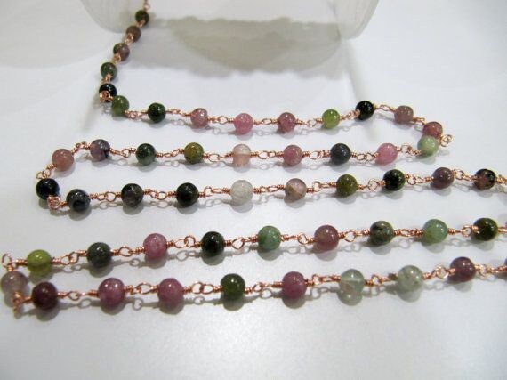 Natural Multi tourmaline Round Plain Smooth 4mm Beaded Rosary Wire Wrapped Chain Wholesale Prices Jewelry gemstone chain Sold per Foot