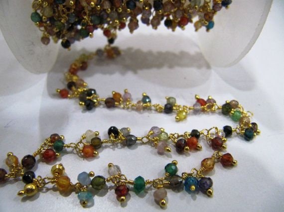 Multi Color Cubic Zirconia Rondelle Faceted  3-4mm Beaded Rosary Wire Wrapped Dangling Chain Wholesale Prices Jewelry sold per foot