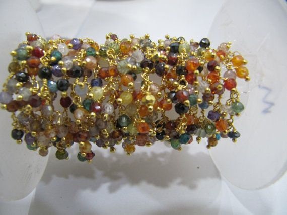 Multi Color Cubic Zirconia Rondelle Faceted  3-4mm Beaded Rosary Wire Wrapped Dangling Chain Wholesale Prices Jewelry sold per foot