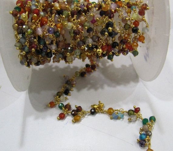 Multi Color Cubic Zirconia Rondelle Faceted  3-4mm Beaded Rosary Wire Wrapped Dangling Chain Wholesale Prices Jewelry sold per foot
