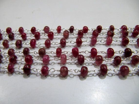 3- Feet Smooth Dyed Ruby Rondelle Size 4-5mm wire wrapped Aati Beaded Rosary Chain Wholesale Prices Jewelry Making Gemstone chain