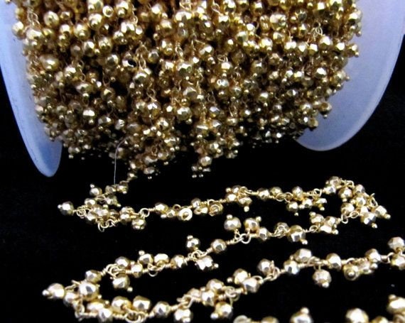 Natural Pyrite Golden Coated Rondelle Faceted 3-4mm Size Wire Wrapped  Cluster Dangling Beaded Chain Wholesale Prices Pyrite Sold per foot