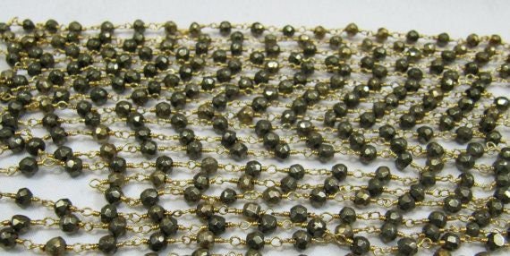 Natural Pyrite Roundelle  Faceted  3-4mm Beaded Wire Wrapped Rosary Aati Chain Wholesale Price Jewelry making chain sold per foot
