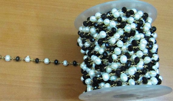 Natural Black Spinel And Pearl Beaded Chain 6mm Size Fresh Water Pearl Bead Rosary Chain Wholesale Prices gemstone chain sold per foot