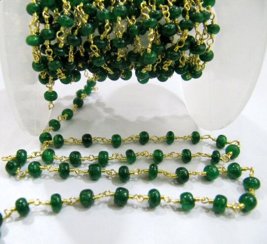 Emerald  Rondelle Plain Smooth  Size 4-5mm Dyed Beaded Wire Wrapped Rosary Chain Wholesale Prices Jewelry Making Gemstone chain per foot
