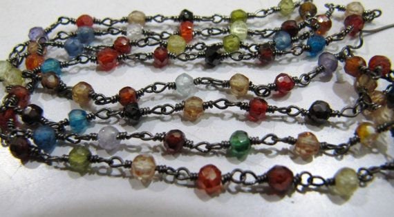 Multi Color Cubic Zirconia Rondelle Faceted  3-4mm Beaded Rosary Wire Wrapped Aati Chain Wholesale Prices Jewelry sold per foot