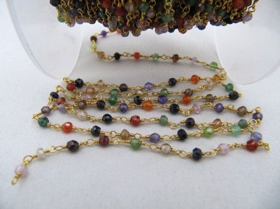Multi Color Cubic Zirconia Rondelle Faceted  3-4mm Beaded Rosary Wire Wrapped Aati Chain Wholesale Prices Jewelry sold per foot