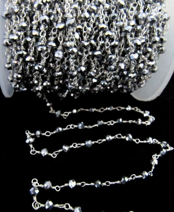Silver Pyrite 3mm Hydro Quartz Rondelle Faceted Beaded  Rosary Wire Wrapped Aati Beaded chain Wholesale Price sold per foot