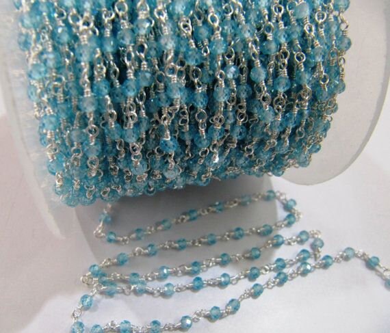 Sky Blue Topaz Rosary Chain Rondelle Faceted Beaded 3mm Size Cubic Zirconia Bead Sterling Silver Crystal chain sold per foot
