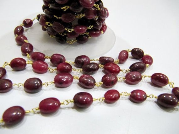 Natural Ruby Rosary Chain, Smooth Oval Beads 8mm to 12mm, Corundum Ruby Beaded Chain Sold Per Foot High Quality Wholesale Prices