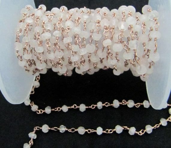 3 Feet -Rose Quartz Rondelle Faceted 3-4mm Beaded Wire Wrapped Rosary Chain ,Gold/Silver/Black/RoseGold Plated Sterling Silver Wholesale
