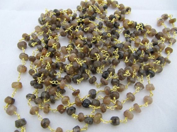 Natural Andalusite Rondelle Faceted Beaded  4-5mm Size Sterling Silver Rosary Brown Bead Chain Wholesale Prices gemstone chain per foot