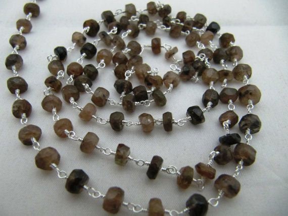 Natural Andalusite Rondelle Faceted Beaded  4-5mm Size Sterling Silver Rosary Brown Bead Chain Wholesale Prices gemstone chain per foot