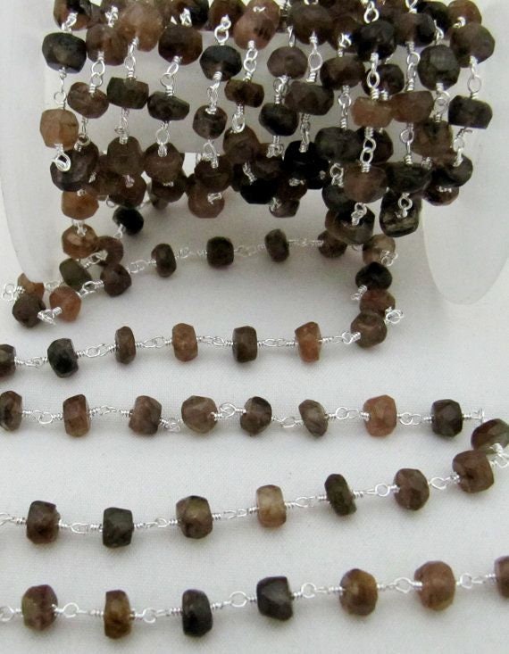 Natural Andalusite Rondelle Faceted Beaded  4-5mm Size Sterling Silver Rosary Brown Bead Chain Wholesale Prices gemstone chain per foot