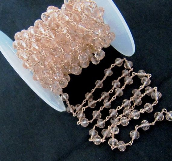 3 Foot-Natural Pink Quartz  Rondelle Faceted wire wrapped Aati 6mm Hydro quartz beaded Rosary chain High Quality Wholesale Price