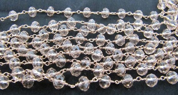 3 Foot-Natural Pink Quartz  Rondelle Faceted wire wrapped Aati 6mm Hydro quartz beaded Rosary chain High Quality Wholesale Price