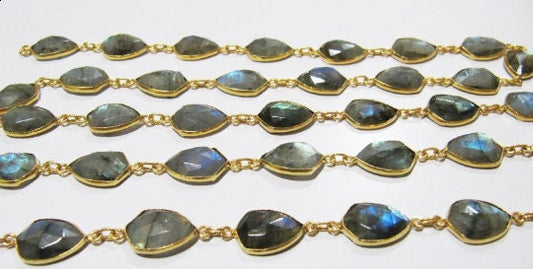 Natural Labradorite Fancy Shape Briolette faceted  Bezel Connector Chain 10 to 15mm Gold/Silver/Black/Rose Gold Plated Sold Per Foot
