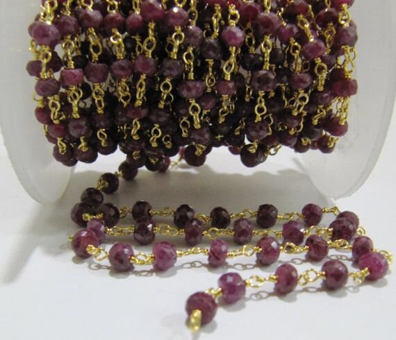 3 Feet-Ruby Rosary Chain 3.5 to 4.5mm Beads Rondelle Faceted, Ruby Corundum Beads Wire Wrapped Aati Rosary chain Wholesale Jewelry Making
