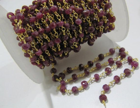 3 Feet-Ruby Rosary Chain 3.5 to 4.5mm Beads Rondelle Faceted, Ruby Corundum Beads Wire Wrapped Aati Rosary chain Wholesale Jewelry Making
