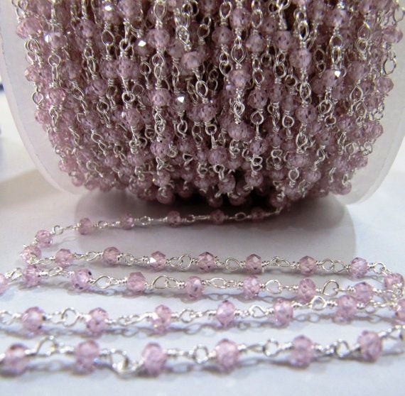Pink CZ Rosary Chain Rondelle Faceted Beaded 3mm Size Cubic Zirconia Beads chain Jewelry Making Chain sold per foot