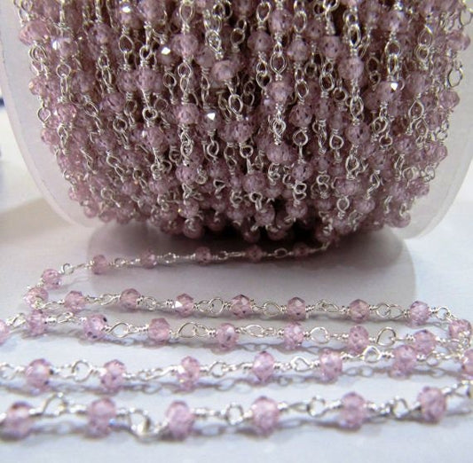 Pink CZ Rosary Chain Rondelle Faceted Beaded 3mm Size Cubic Zirconia Beads chain Jewelry Making Chain sold per foot