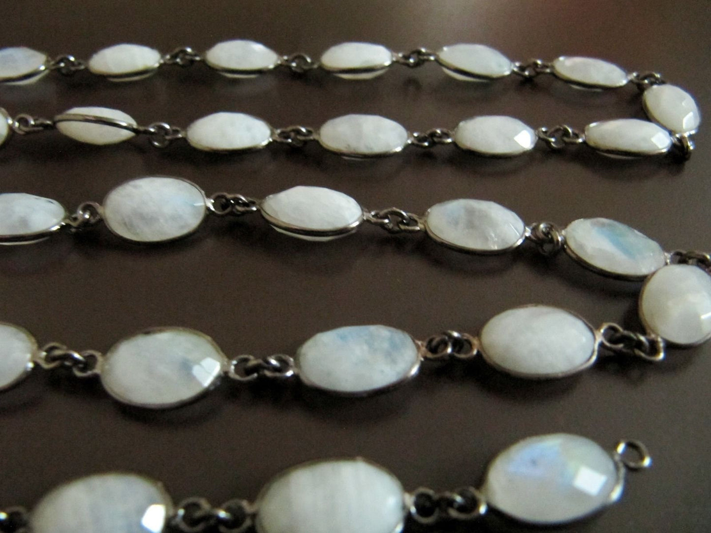 1 Foot-Natural White Rainbow Moonstone Oval Cabochan Shape Briolette Faceted Bezel Connector Chain 9x13mm  Gold/Black/Silver/Rose Plated