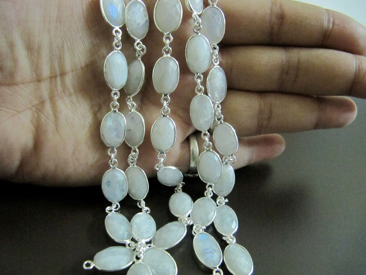 1 Foot-Natural White Rainbow Moonstone Oval Cabochan Shape Briolette Faceted Bezel Connector Chain 9x13mm  Gold/Black/Silver/Rose Plated