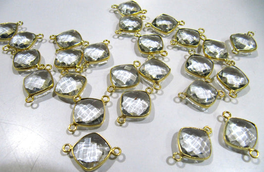 2Pcs Set Natural Rock Crystal Cushion Shape 11mm Briolette Connector Genuine Crystal Quartz Bezel Connector Double Loop Wholesale Prices
