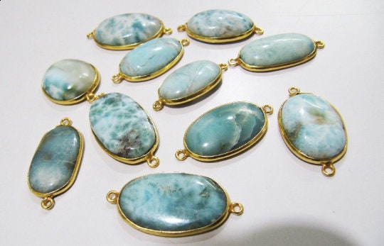 Natural Larimar Oval Shape 13*17mm Plain Smooth Bezel Connectors Larimar Stone Double  Loop Cabochon Jewelry Making Charms sold per piece