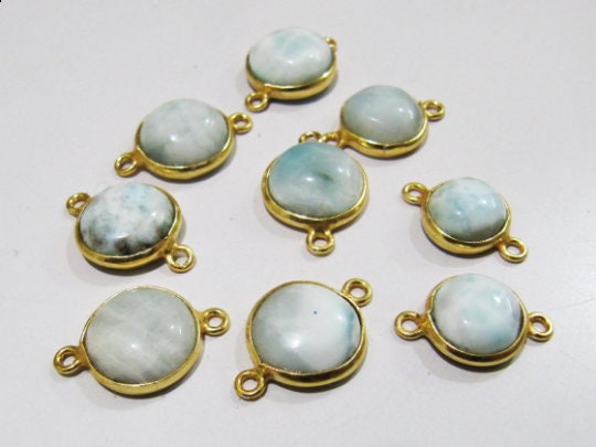 2 Pcs Set Natural Larimar Round Coin Shape Plain Smooth Bezel Connectors Larimar Stone Double  Loop Bezel Jewelry Making Bezel Connectors
