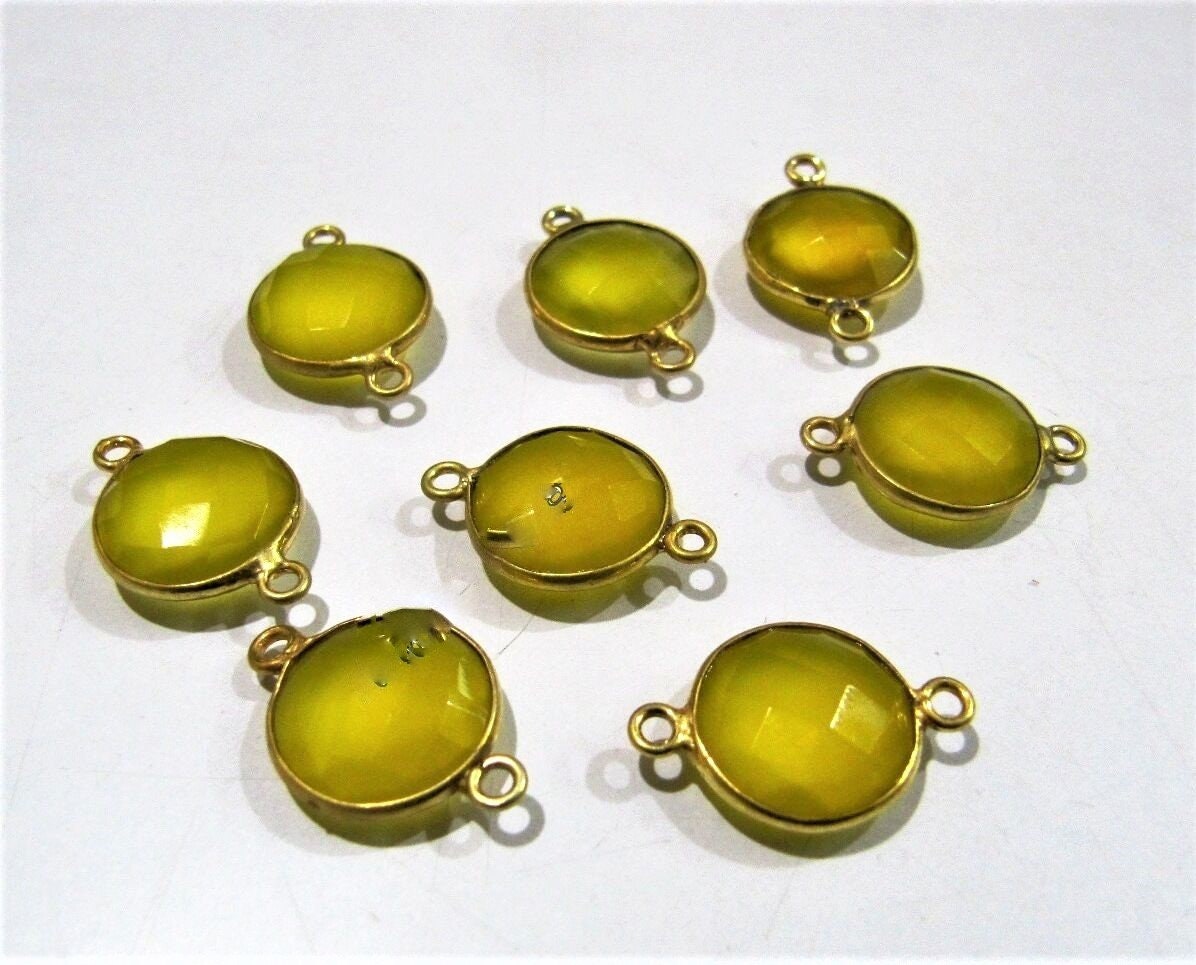 2 Pcs Set Yellow Chalcedony  Briolette Connector Round Coin Shape Bezels 12MM Size Double Loop Bezel