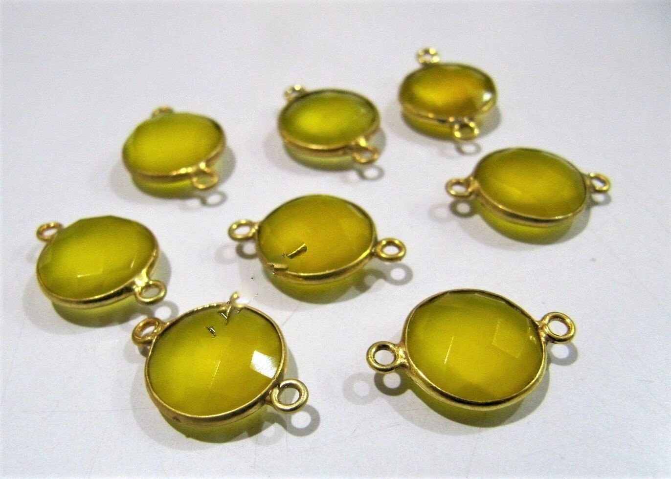 2 Pcs Set Yellow Chalcedony  Briolette Connector Round Coin Shape Bezels 12MM Size Double Loop Bezel