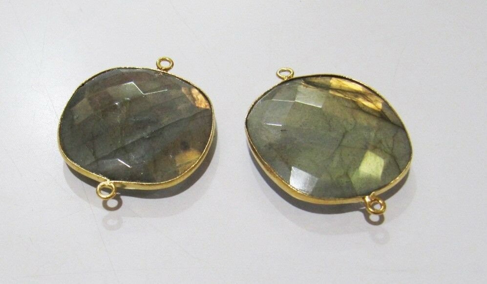 2 Pcs Set Natural Labradorite Square Shape 19mm Briolette Connectors Gray Stone Double Loop Bezel Jewelry Making Bezel Connectors