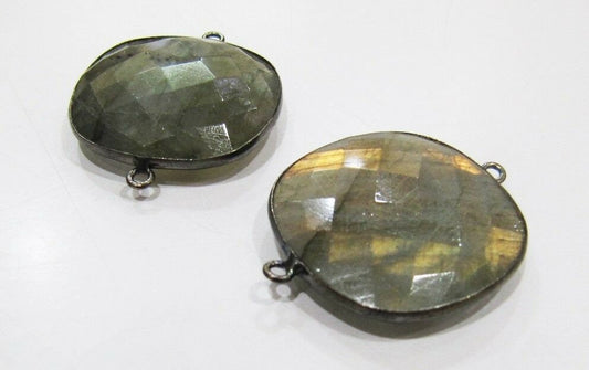 2 Pcs Set Natural Labradorite Square Shape 19mm Briolette Connectors Gray Stone Double Loop Bezel Jewelry Making Bezel Connectors
