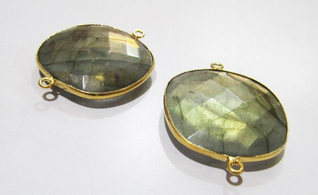 2 Pcs Set Natural Labradorite Square Shape 19mm Briolette Connectors Gray Stone Double Loop Bezel Jewelry Making Bezel Connectors