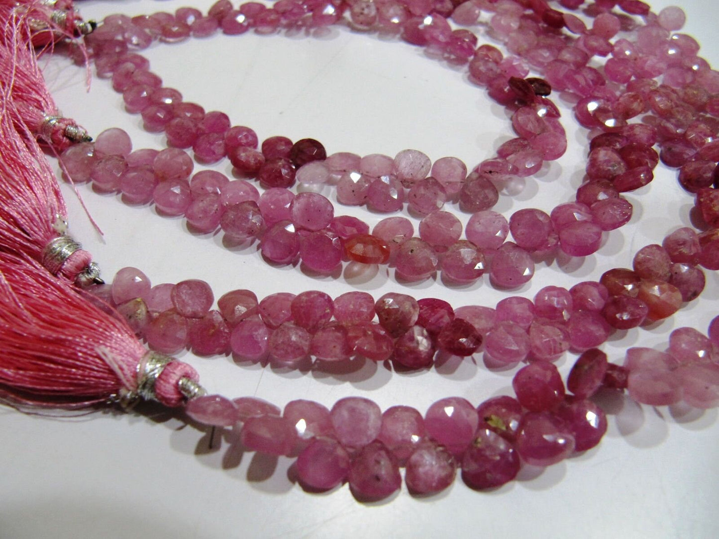 Natural Pink Ruby Heart Shape 5-6mm Beads, Mugo Ruby Briolette Beads Strand 8 inches Long, 65 to 70 Beads Per Strand Wholesale Prices