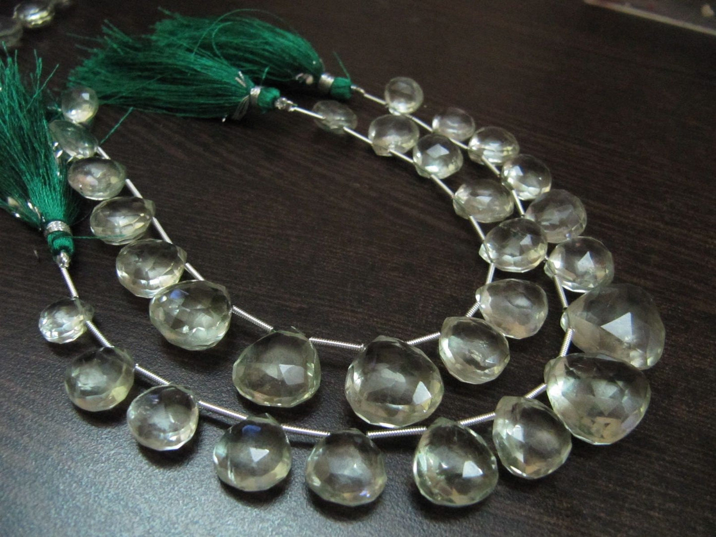 Natural Green Amethyst Heart Shape Briolette Faceted 10-16 mm Graduated Beads Strand Size 8 inches long Natural Amethyst Gemstone Beads