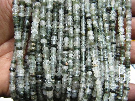 Natural Green Rutilated Quartz Beads 3.5 to 4.5mm Rondelle faceted Strands 13 inches Long , Genuine Semi Precious Stone Beads Strings
