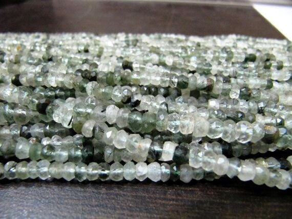 Natural Green Rutilated Quartz Beads 3.5 to 4.5mm Rondelle faceted Strands 13 inches Long , Genuine Semi Precious Stone Beads Strings