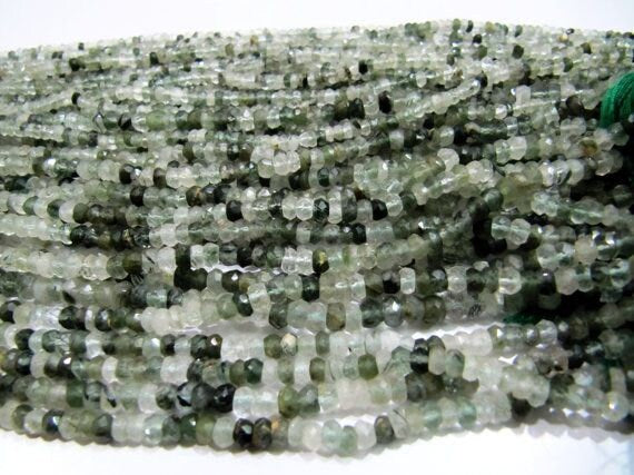 Natural Green Rutilated Quartz Beads 3.5 to 4.5mm Rondelle faceted Strands 13 inches Long , Genuine Semi Precious Stone Beads Strings