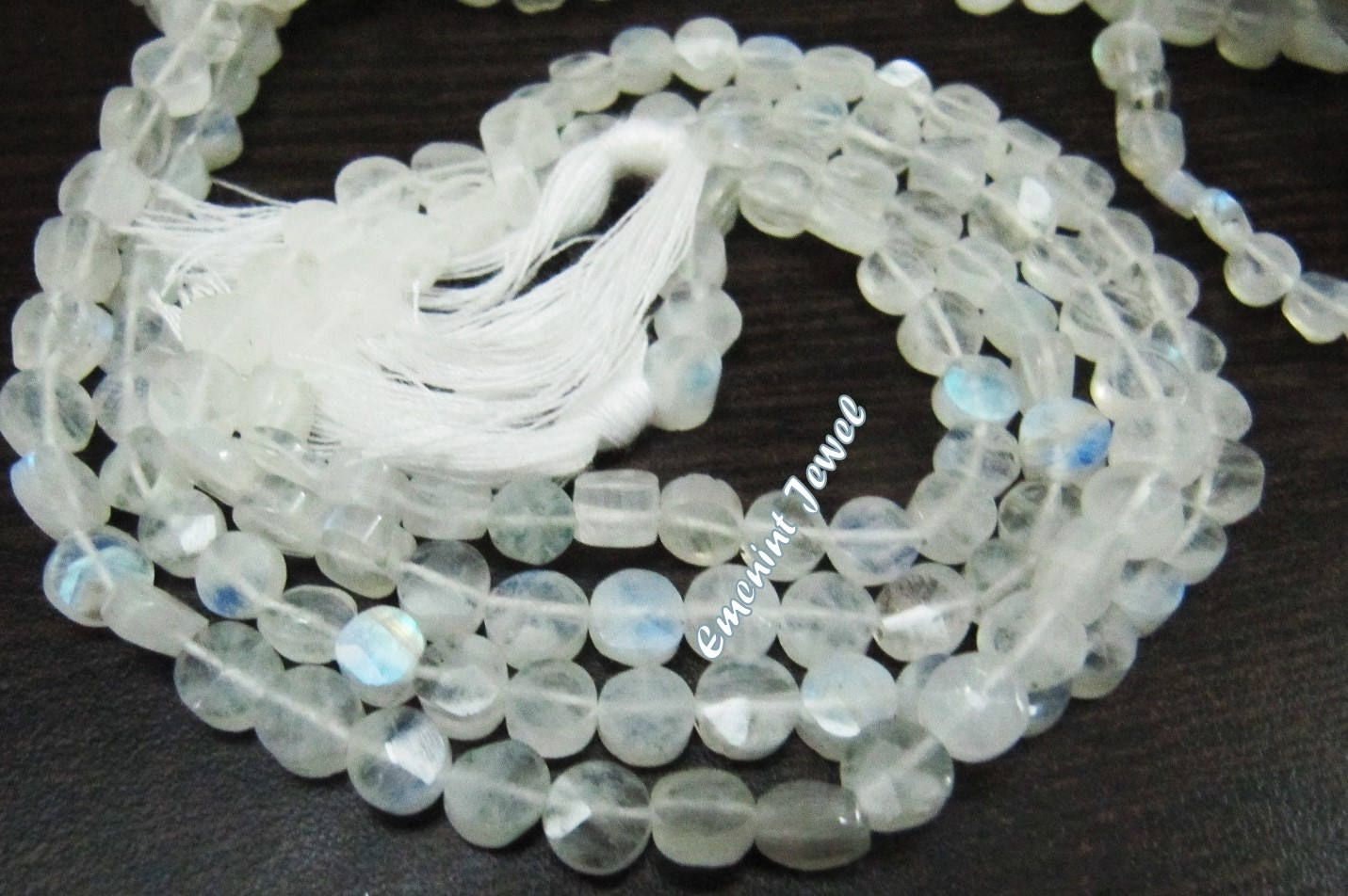 Natural White Rainbow Moonstone Coin Shape Briolette Beads Blue Flashy Moonstone Faceted Round Beads 5-6mm Size Sold per Strand 10inch