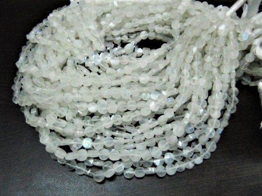 Natural White Rainbow Moonstone Coin Shape Briolette Beads Blue Flashy Moonstone Faceted Round Beads 5-6mm Size Sold per Strand 10inch