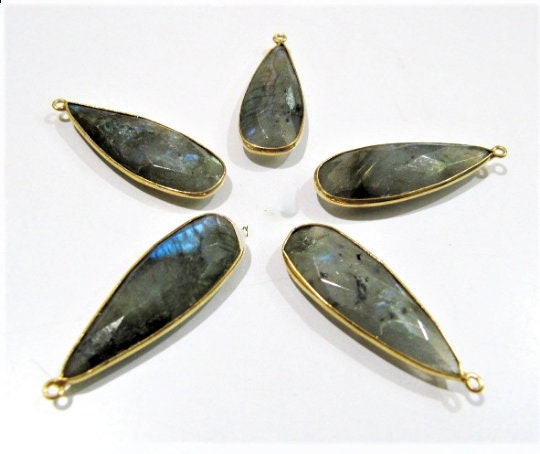 Natural Labradorite Long Pear Shape 10x28 to 12x30mm Briolette Connectors Gray Stone single  Loop Bezel Charms sold per piece