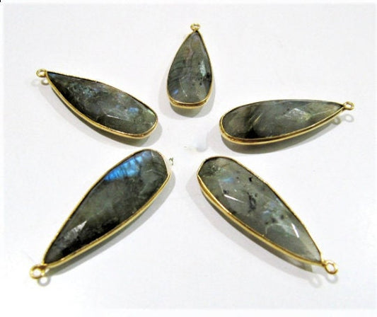 Natural Labradorite Long Pear Shape 10x28 to 12x30mm Briolette Connectors Gray Stone single  Loop Bezel Charms sold per piece