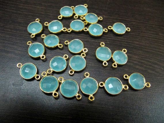 5 Pc Set-: Aqua Chalcedony Coin Shape Connectors Double Loop 10 mm to 11 mm, Briolette Bezel 24Kt Gold Plated  Wholesale Price