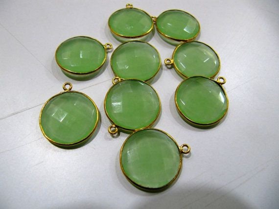 Green Chalcedony Quartz Briolette Connector Round Coin Shape Faceted Charms Approx 20MM Size Single Loop Bezel sold per piece