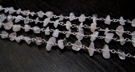 Natural Rose quartz Wire Wrapped Rosary Chain Rose Quartz Nugget Chip Uncut Beads Rosary Chain / Gemstone Chain- Wholesale Rate per foot